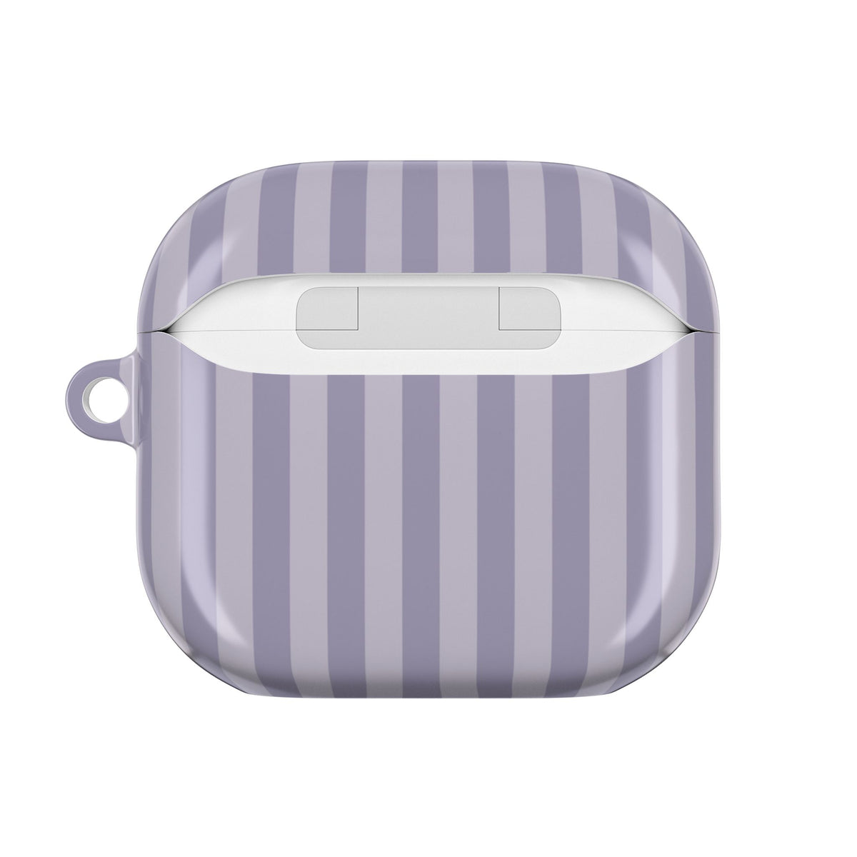 Lilac and lavender stripe AirPods case — back view with charging cutout