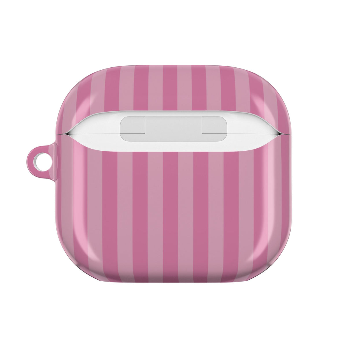 Rose and blush stripe AirPods case — back view with charging cutout