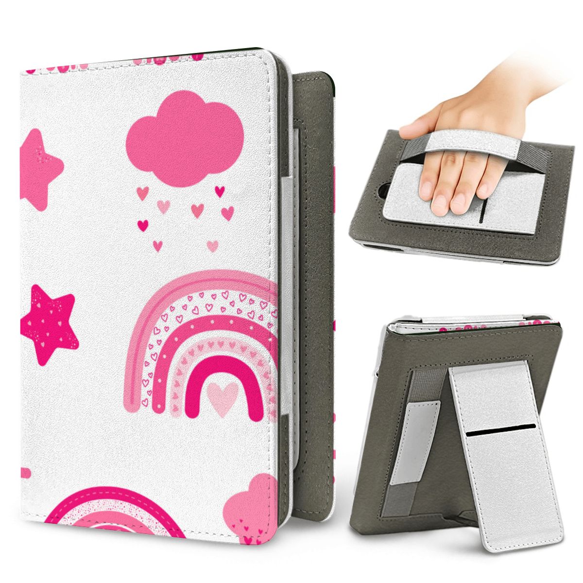 Pink Rainbow Kindle case — elastic hand strap and fold-out stand on the back