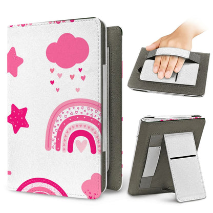 Pink Rainbow Kindle case — elastic hand strap and fold-out stand on the back