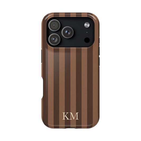 Brown Stripe Initials phone case — chocolate and toffee stripes with custom monogram, MagSafe