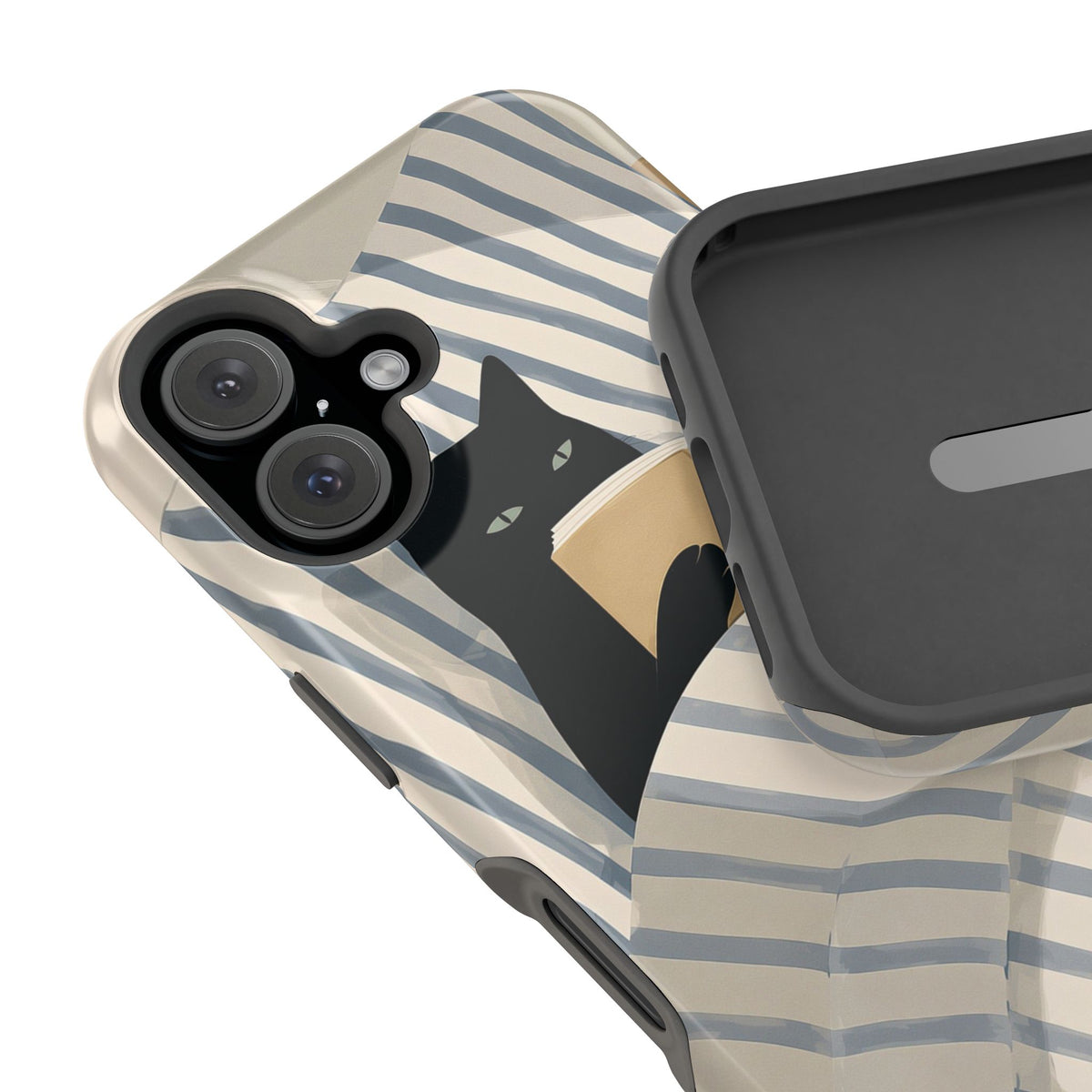 Muted cat and stripes printed edge to edge on a MagSafe case
