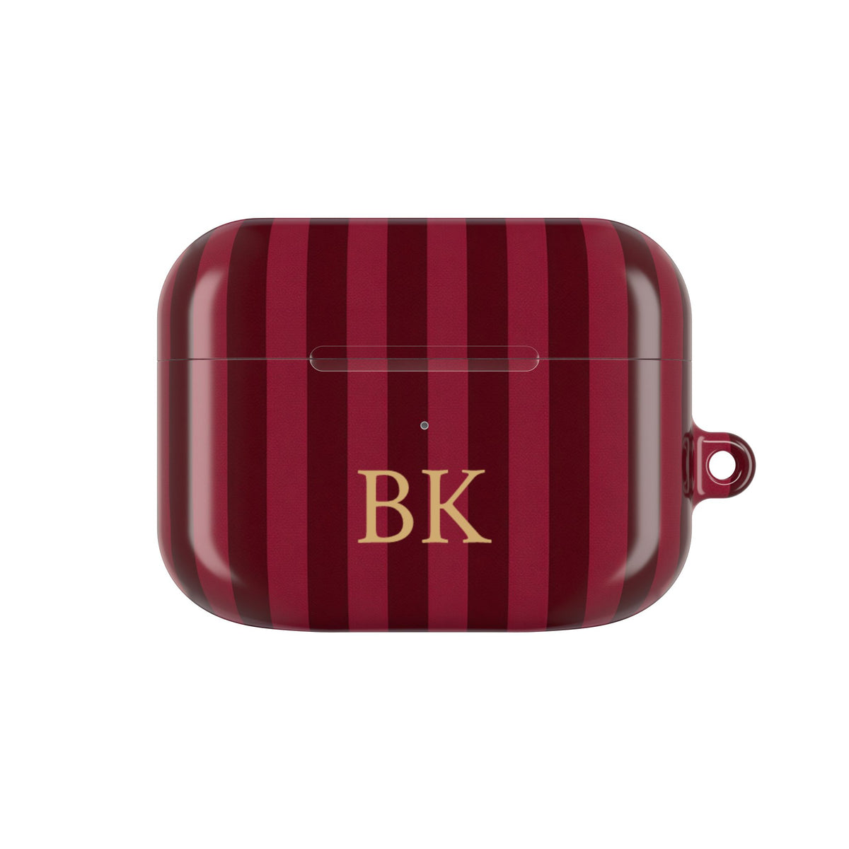 Burgundy Stripe monogram AirPods case — wine and burgundy stripes with gold serif initials