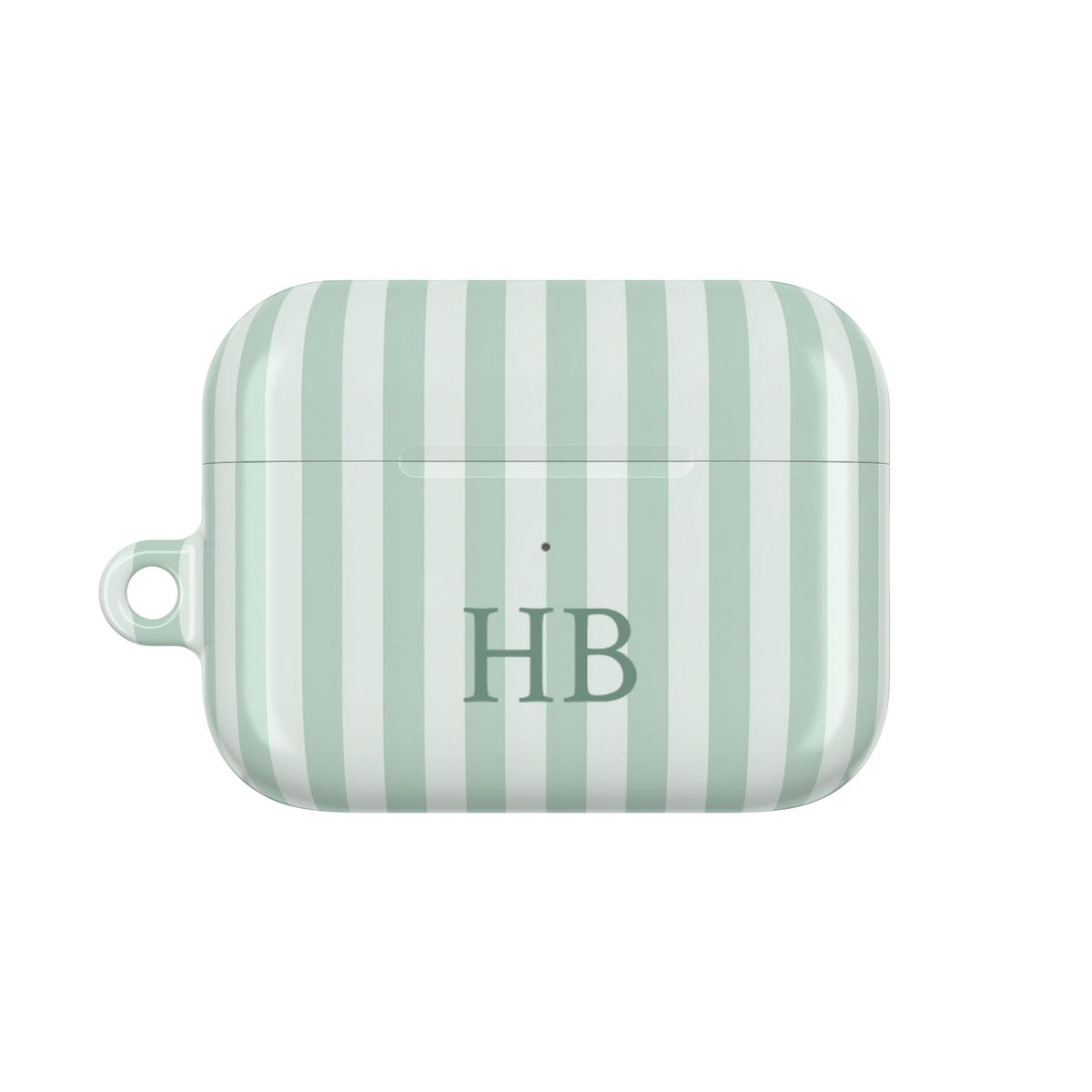 Sage green stripe AirPods Pro case personalized with initials — front view