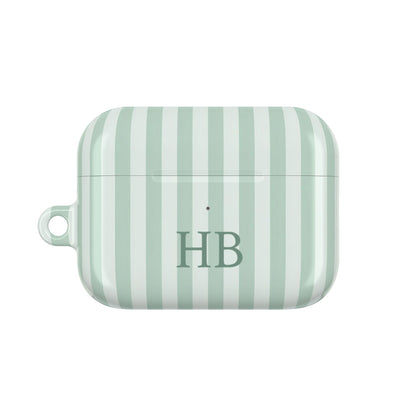 Sage green stripe AirPods Pro case personalized with initials — front view