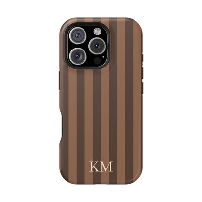 Brown Stripe Initials iPhone case shown at an angle