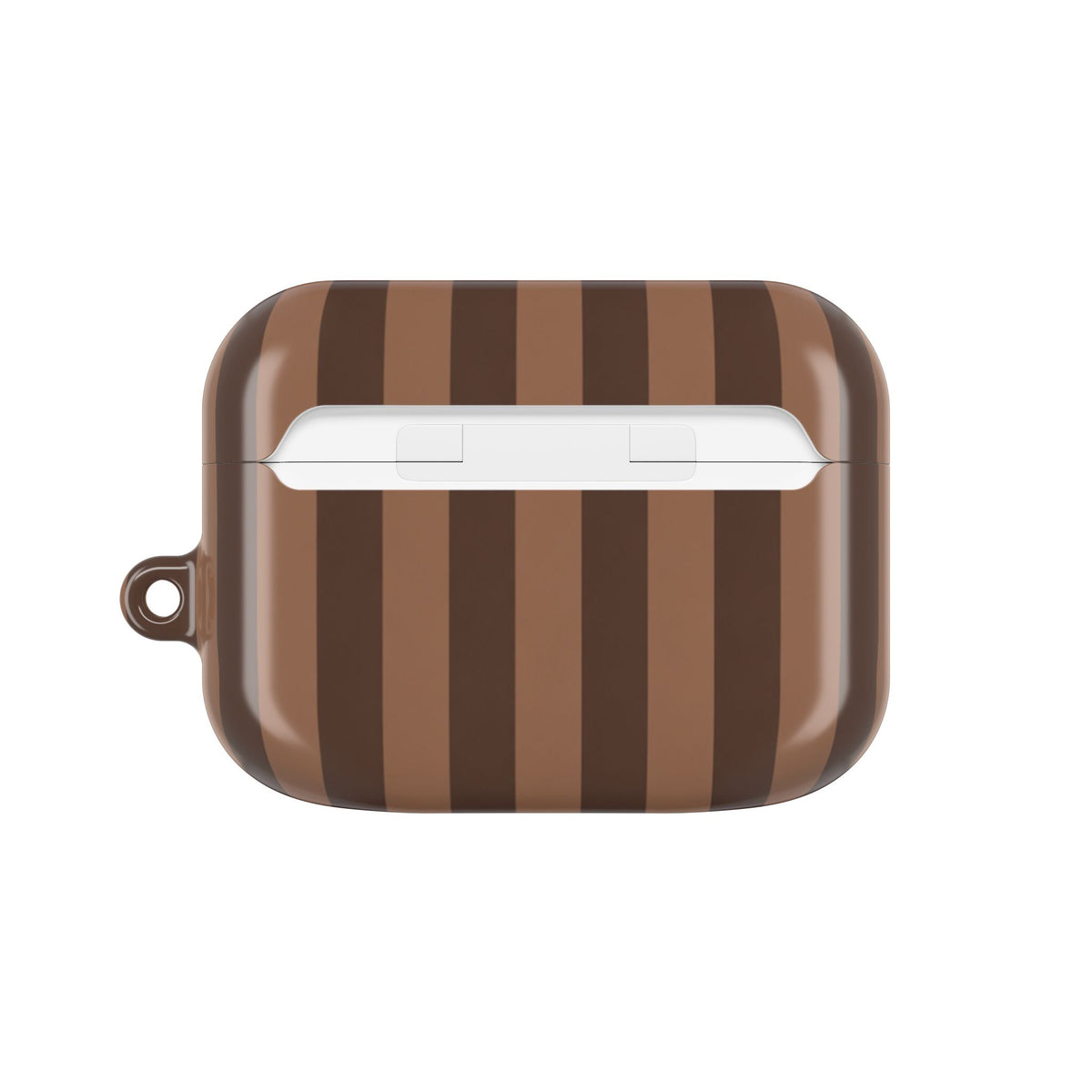 Mocha Stripe AirPods case — back view with full-wrap stripe print