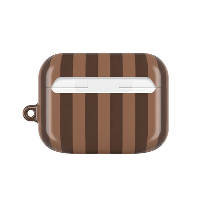 Mocha Stripe AirPods case — back view with full-wrap stripe print