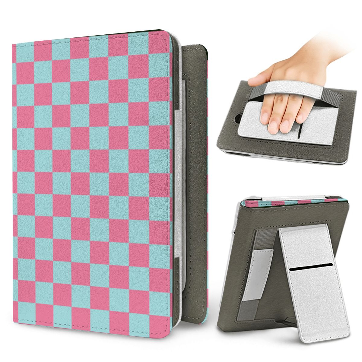 Pink & Mint Check Kindle case — elastic hand strap and fold-out stand on the back