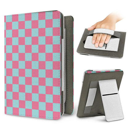 Pink & Mint Check Kindle case — elastic hand strap and fold-out stand on the back