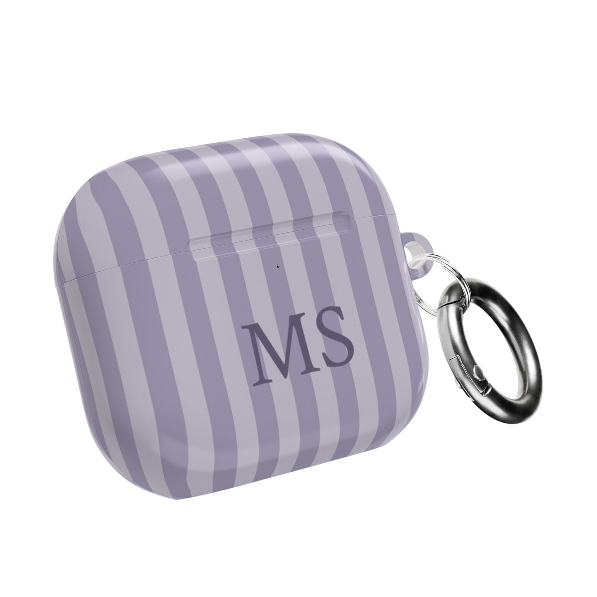 Lilac Stripe monogram AirPods case with carabiner — custom initials gift