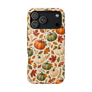 Pumpkin Patch MagSafe iPhone case — watercolor pumpkins and fall leaves on cream