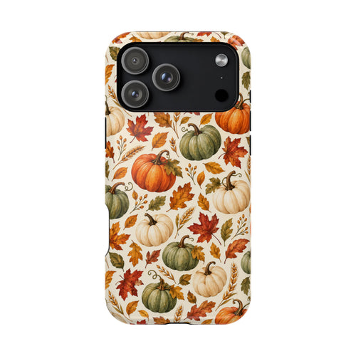 Pumpkin Patch MagSafe iPhone case — watercolor pumpkins and fall leaves on cream