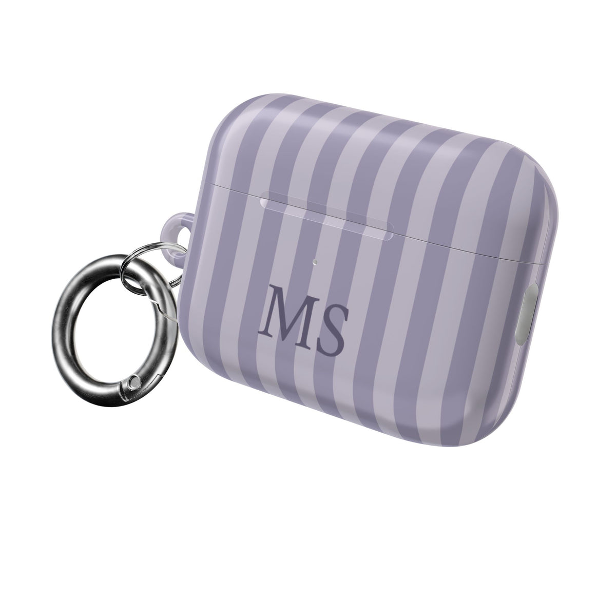 Personalized lilac stripe AirPods case with metal carabiner ring