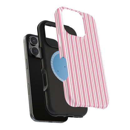 Pink striped phone case standing upright