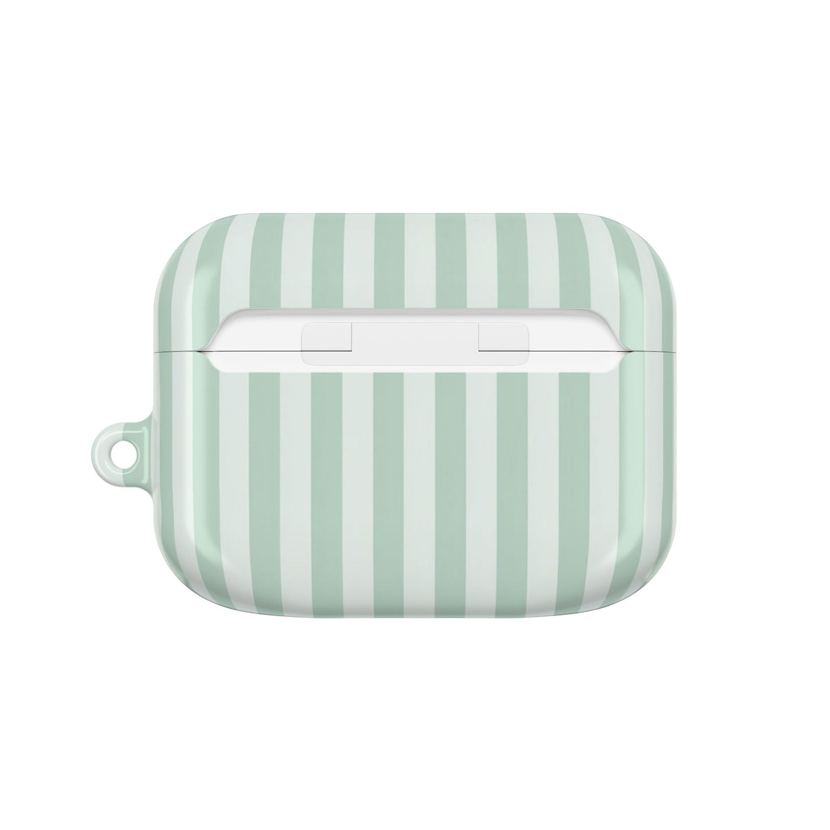 Sage Stripe AirPods case — back view with full-wrap stripe print