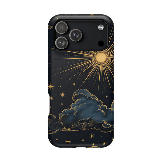 Vintage Celestial Sun phone case — engraved gold sun on midnight navy, MagSafe case for iPhone
