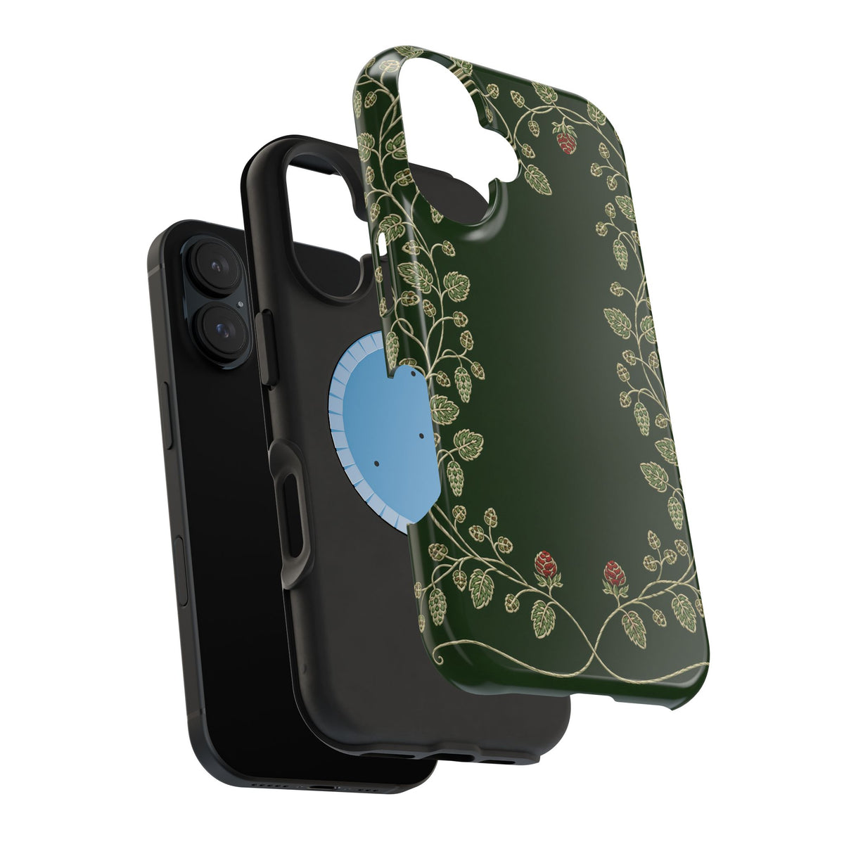 Hand-drawn hop vine border on a forest green MagSafe case