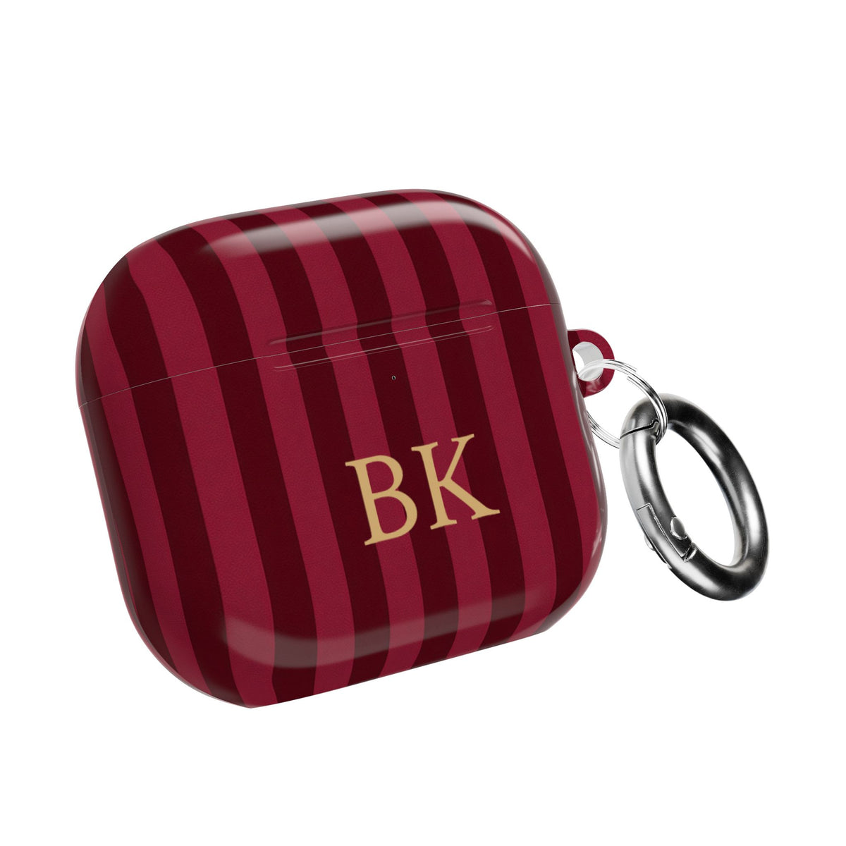 Burgundy Stripe monogram AirPods case with carabiner — custom initials gift