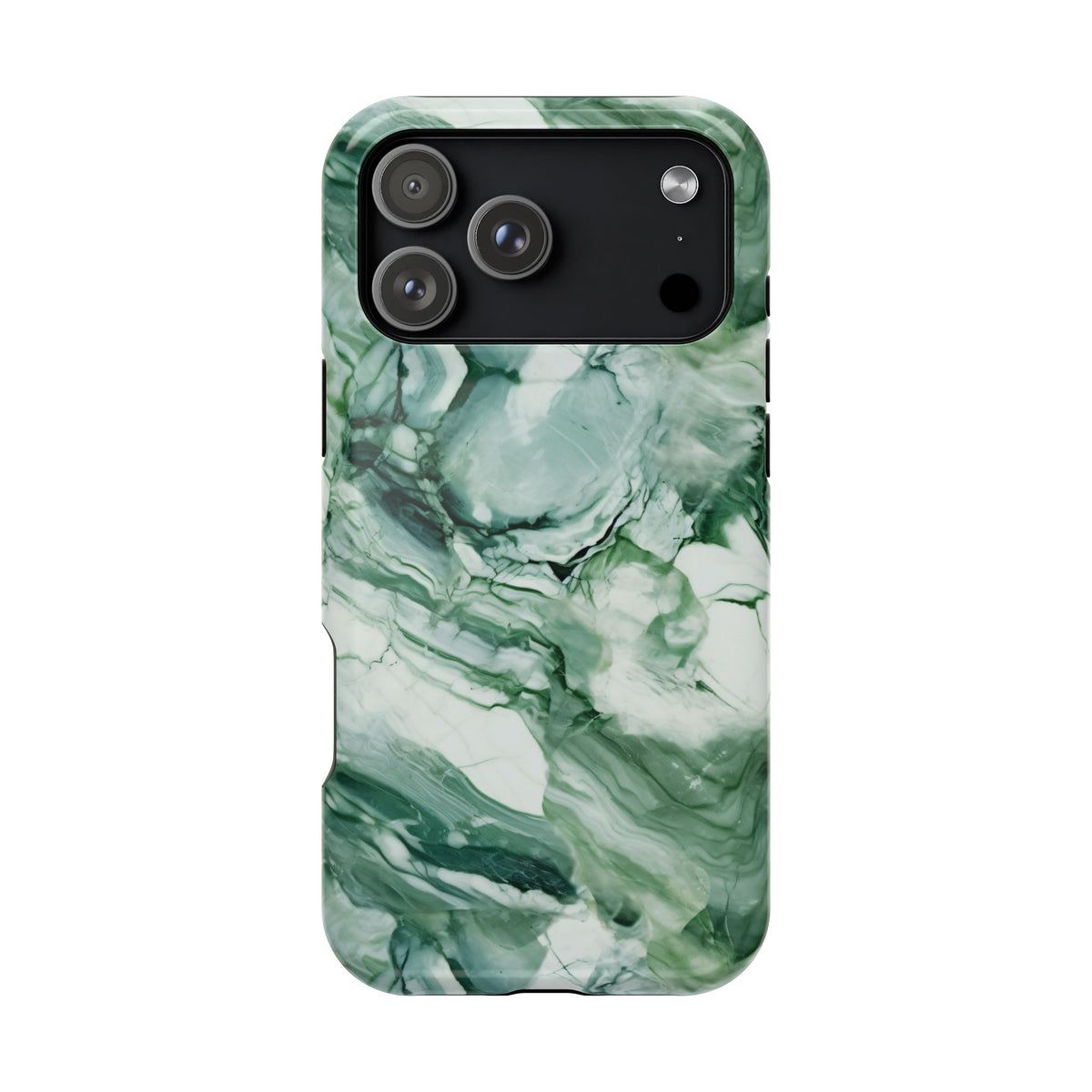Jade marble MagSafe iPhone case — deep green swirls through mint and cream