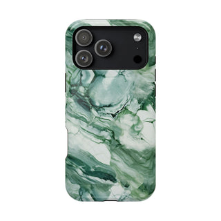 Jade marble MagSafe iPhone case — deep green swirls through mint and cream