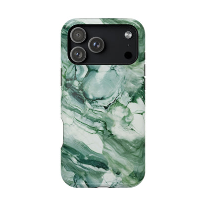 Jade marble MagSafe iPhone case — deep green swirls through mint and cream