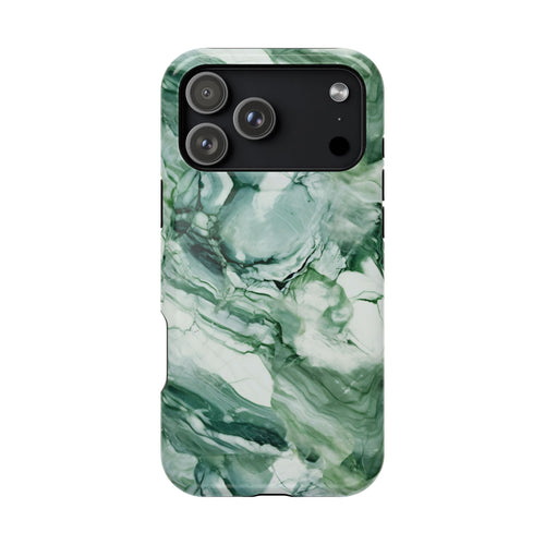 Jade marble MagSafe iPhone case — deep green swirls through mint and cream