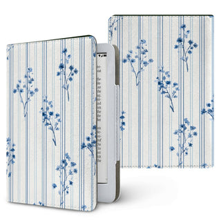 Blue Floral Pinstripe Kindle case — blue floral, printed front and back