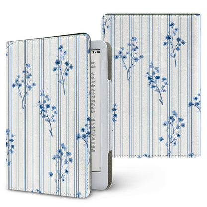 Blue Floral Pinstripe Kindle case — blue floral, printed front and back