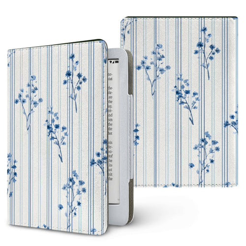 Blue Floral Pinstripe Kindle case — blue floral, printed front and back