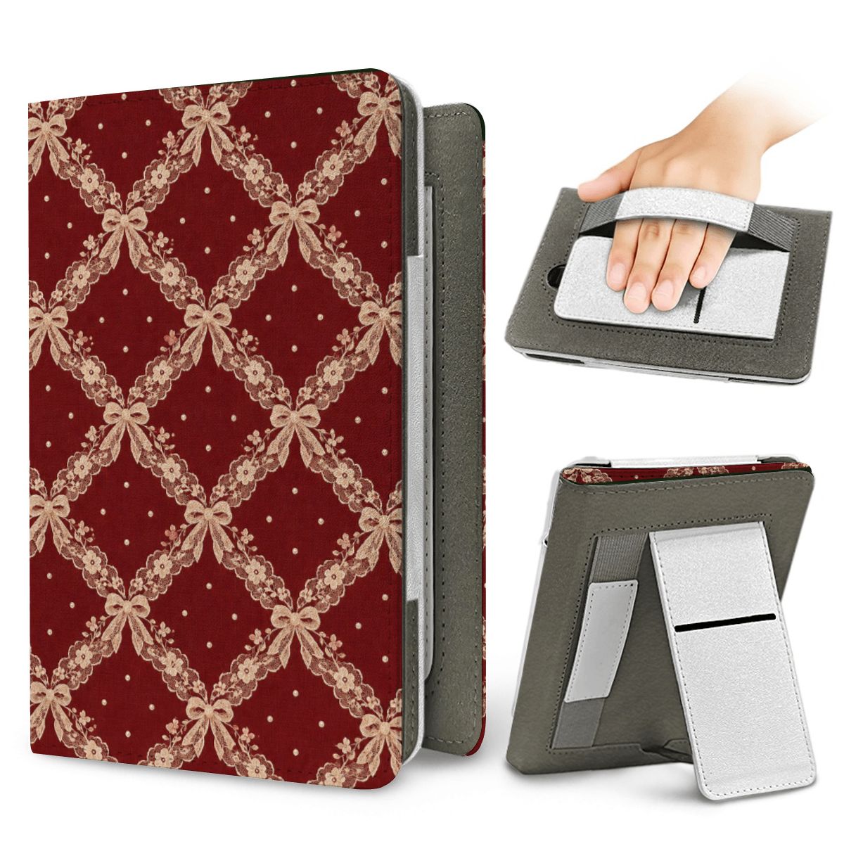 Burgundy Lace Kindle case — elastic hand strap and fold-out stand on the back