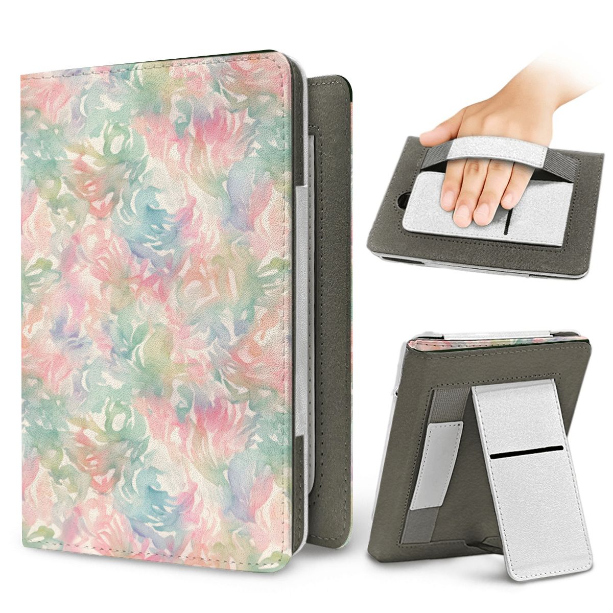 Watercolor Bloom Kindle case — elastic hand strap and fold-out stand on the back