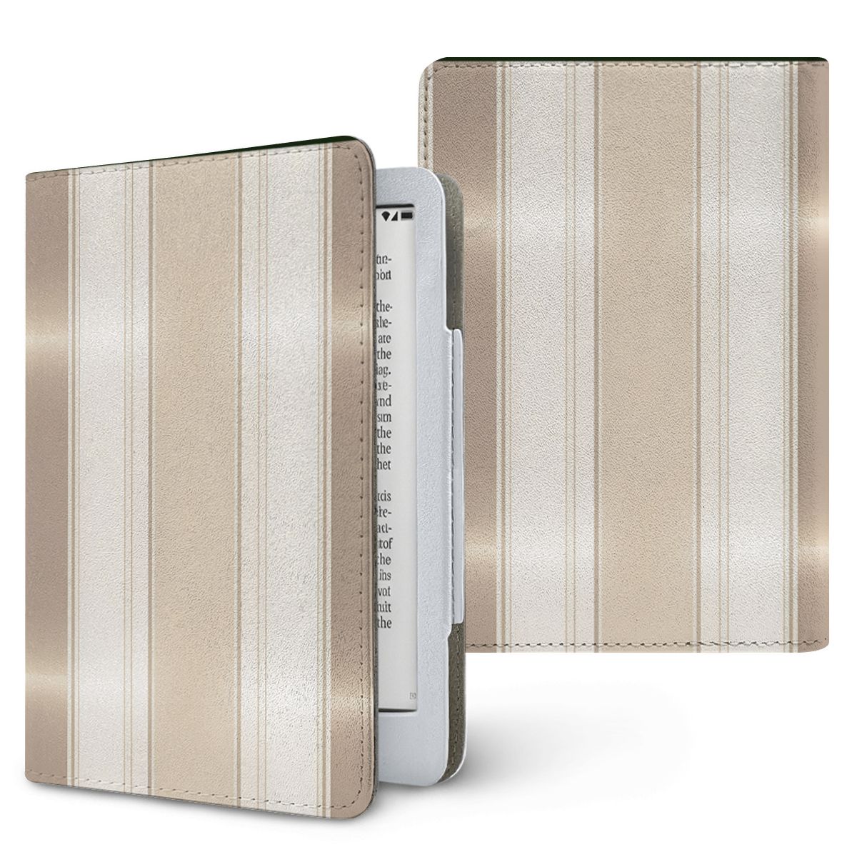 Taupe Ticking Stripe Kindle case — neutral stripe, printed front and back