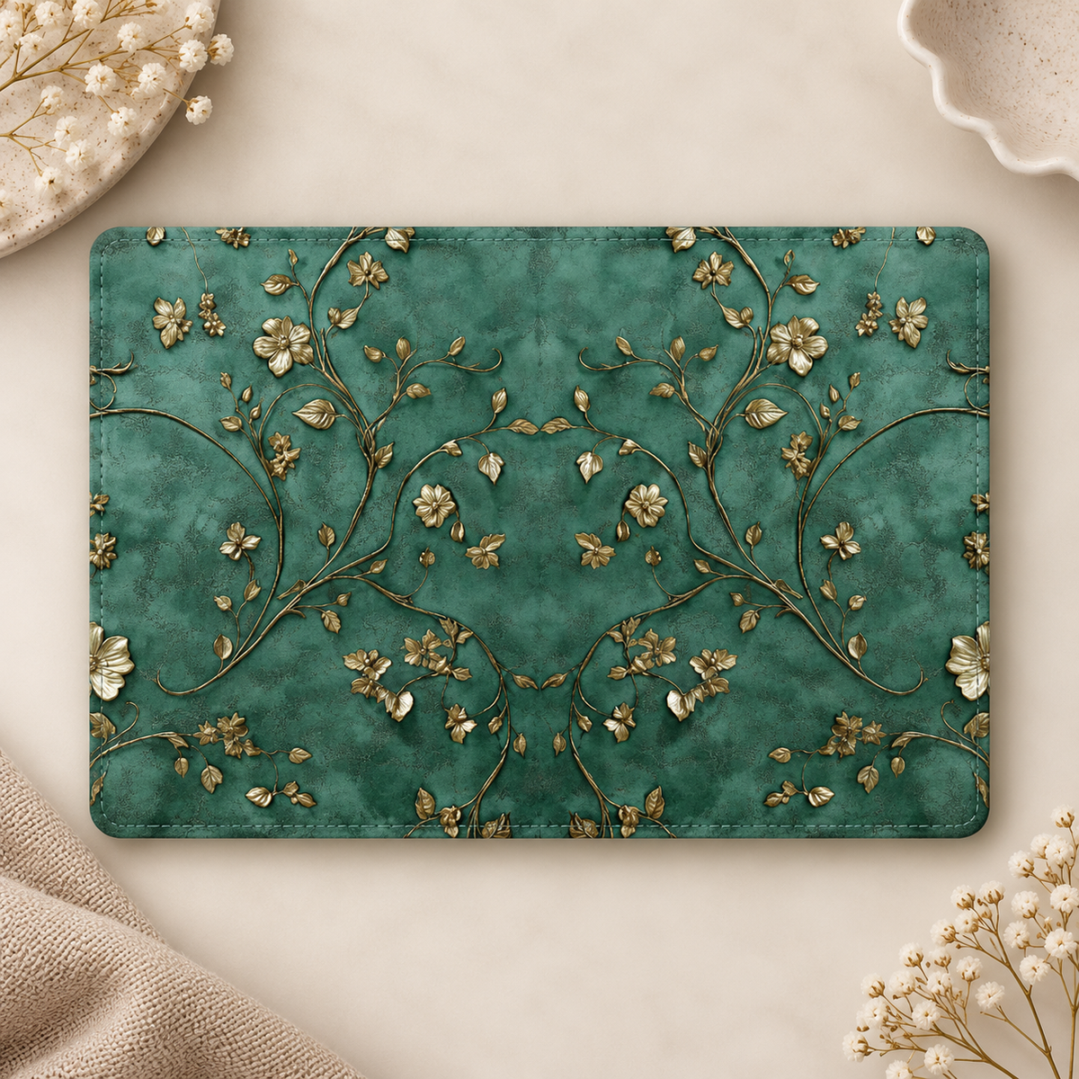 Antique Gold Blossom Kindle case opened flat, front and back — gold vines and blossoms on deep teal