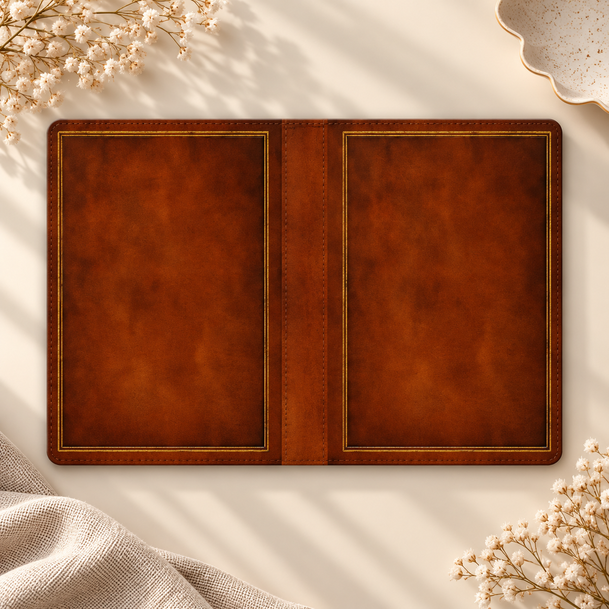 Antique Leather Book Kindle case opened flat, front and back — cognac brown with fine gold border lines