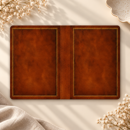Antique Leather Book Kindle case opened flat, front and back — cognac brown with fine gold border lines