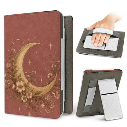 Dusty Rose Crescent Moon Kindle case — elastic hand strap and fold-out stand on the back