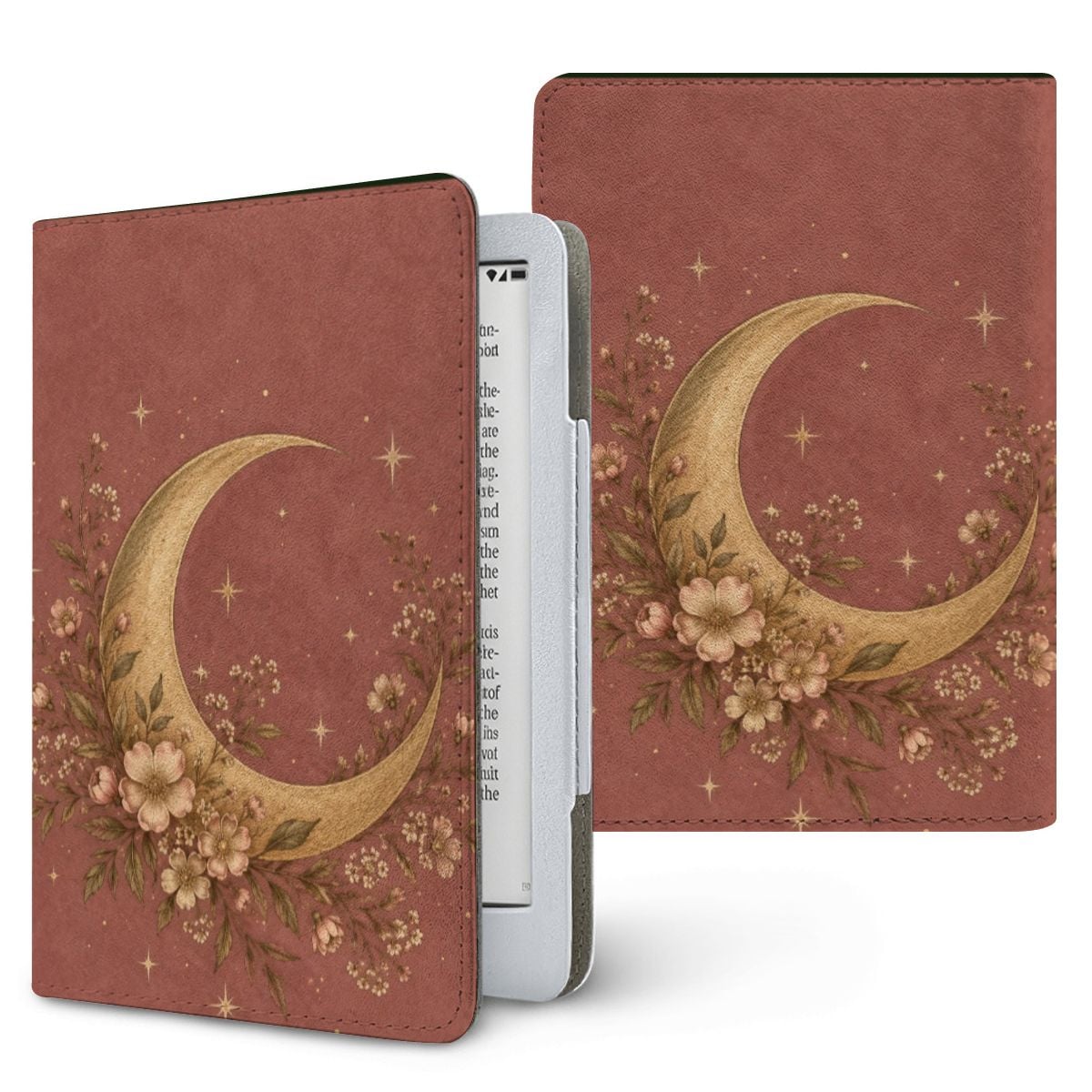 Dusty Rose Crescent Moon Kindle case — gold crescent moon and blush wildflowers on dusty rose, printed front and back