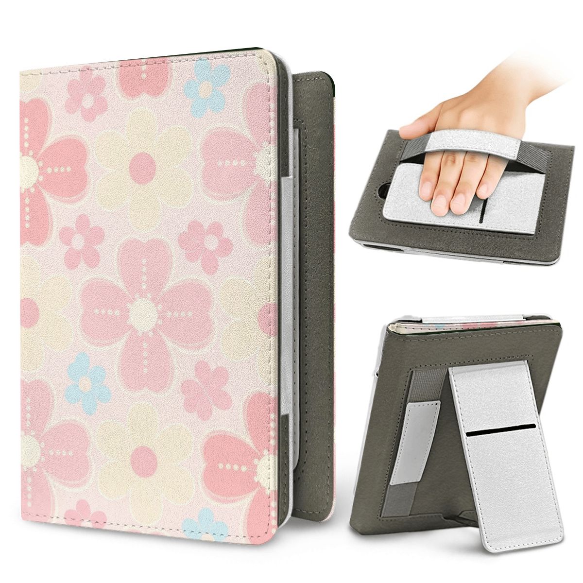 Retro Daisy Kindle case — elastic hand strap and fold-out stand on the back