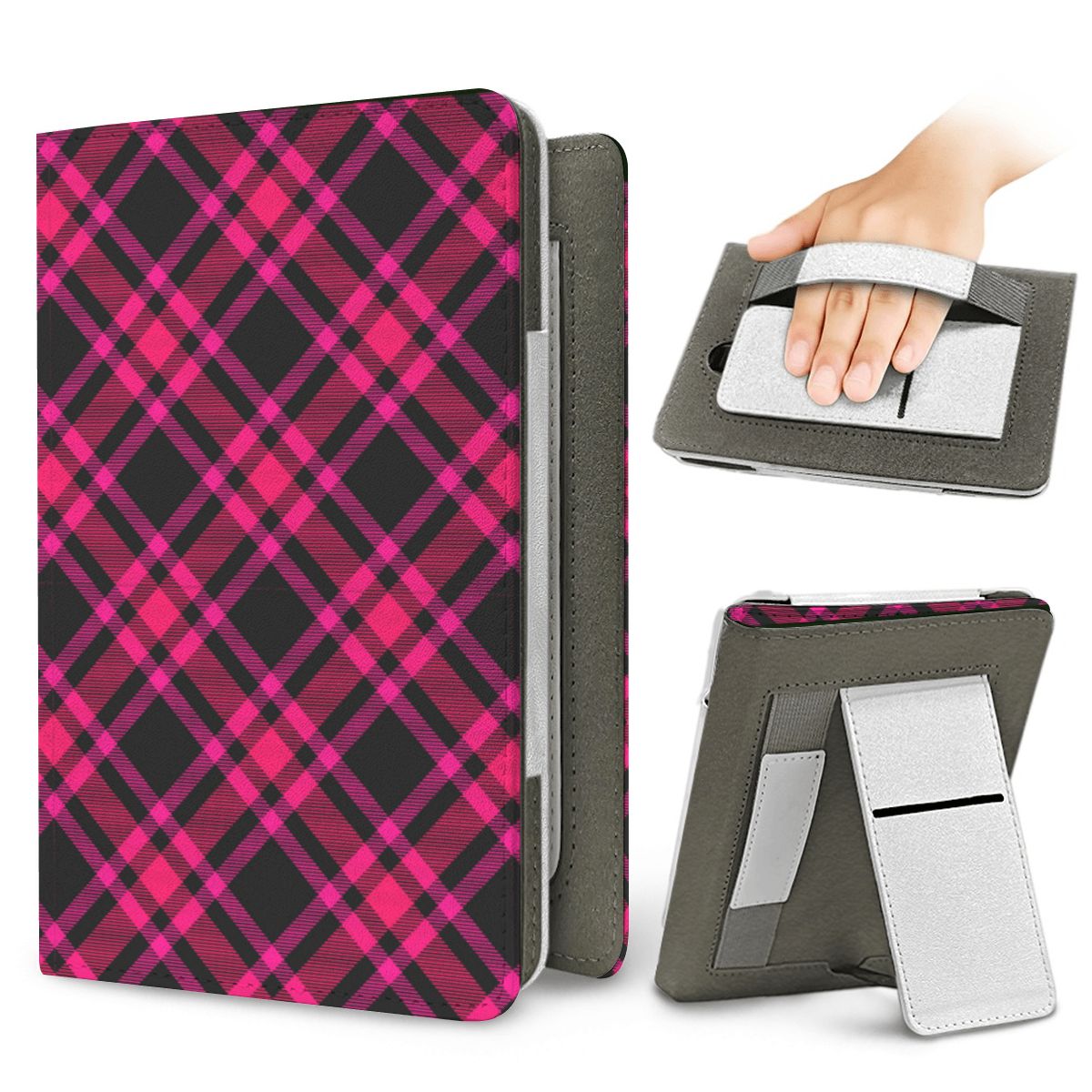 Hot Pink Tartan Kindle case — elastic hand strap and fold-out stand on the back