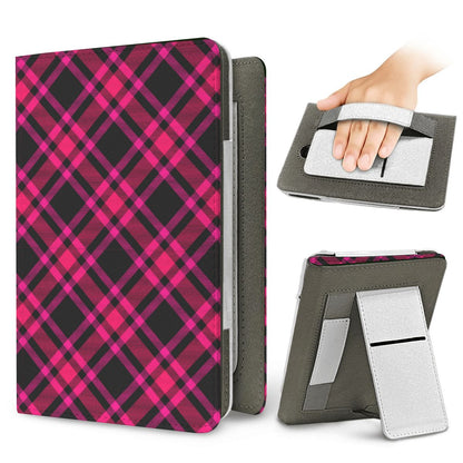 Hot Pink Tartan Kindle case — elastic hand strap and fold-out stand on the back
