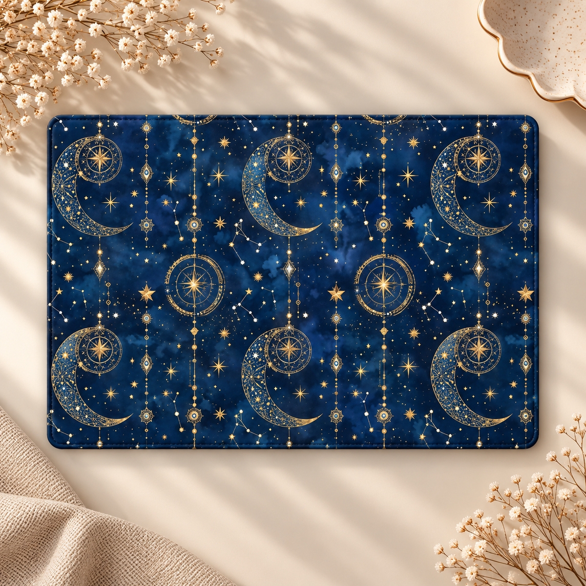 Celestial Tarot Kindle case opened flat, front and back — gold crescent moons, suns and stars on midnight blue
