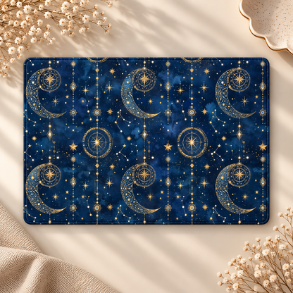 Celestial Tarot Kindle case opened flat, front and back — gold crescent moons, suns and stars on midnight blue