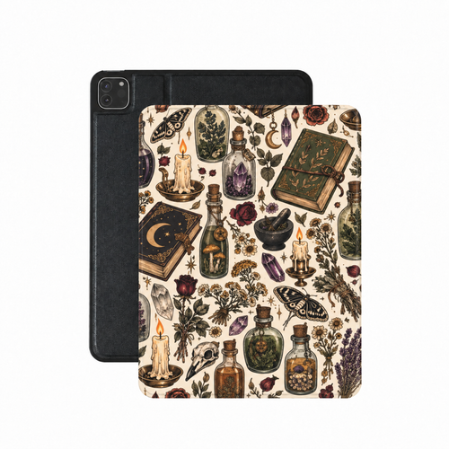 Herbalist's Apothecary iPad case — potion bottles, candles, grimoires and moths on cream, witchy botanical gift for her