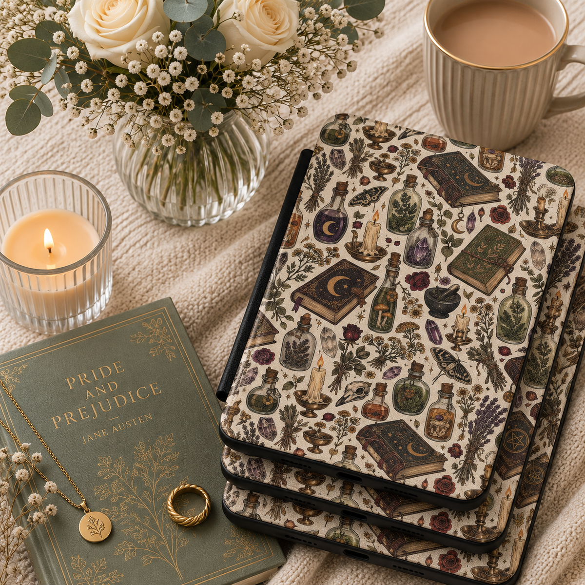 Cream apothecary print Kindle case for Paperwhite and Colorsoft, autumn reading flat lay