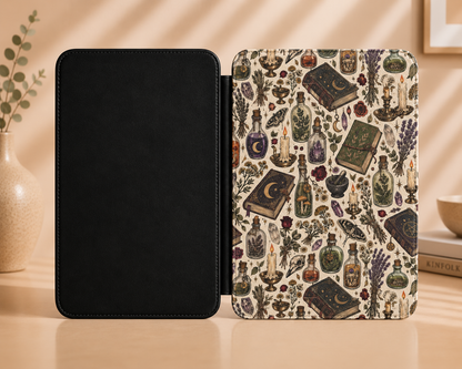 Witchy botanical Kindle cover with moths, grimoires and amethyst on cream