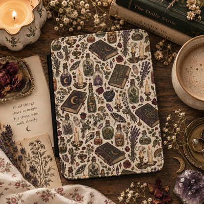 Witchy apothecary Kindle folio held open, cream botanical cover with candles and potion bottles