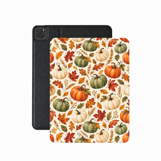 Pumpkin Patch iPad case — watercolor pumpkins, maple leaves and wheat on cream, cozy fall gift for her