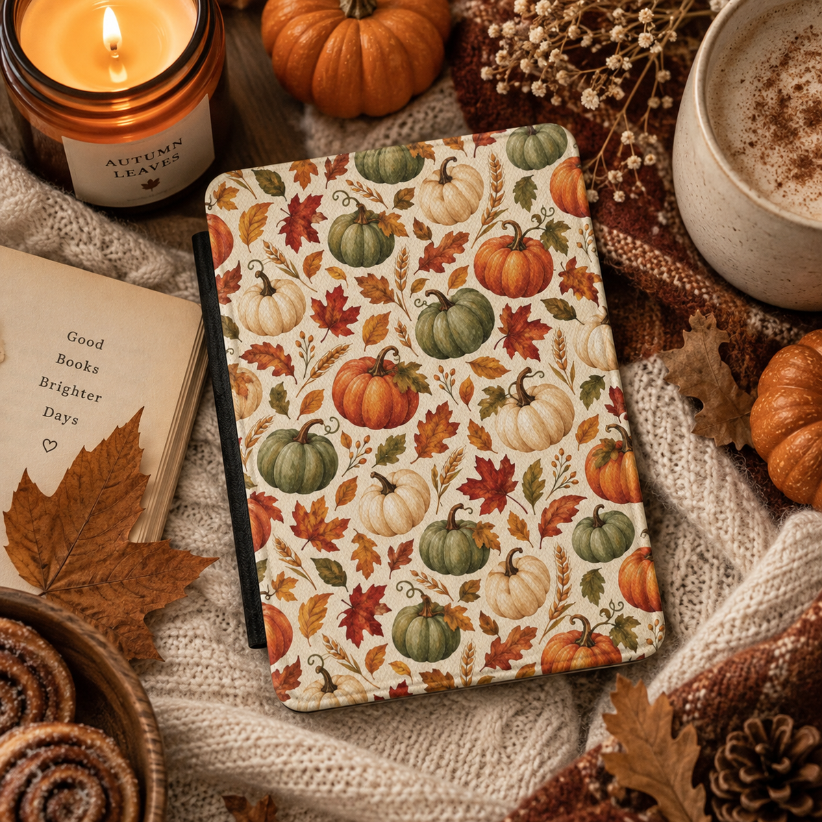 Watercolor pumpkin Kindle folio held open, cream cover with sage and orange pumpkins