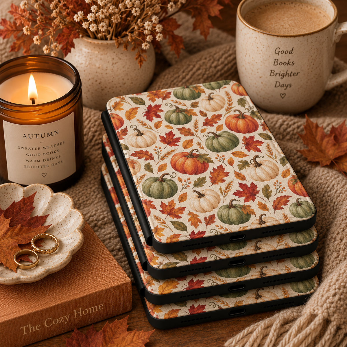 Cream pumpkin print Kindle case for Paperwhite and Colorsoft, fall flat lay